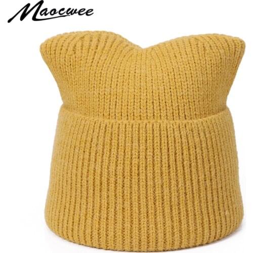 Cute Cat Ear Women Hats Fashion Winter Warm Casual Skullies Beanies Hat Wool Cap Hat Solid Color Knitted Female Girls Hats Caps