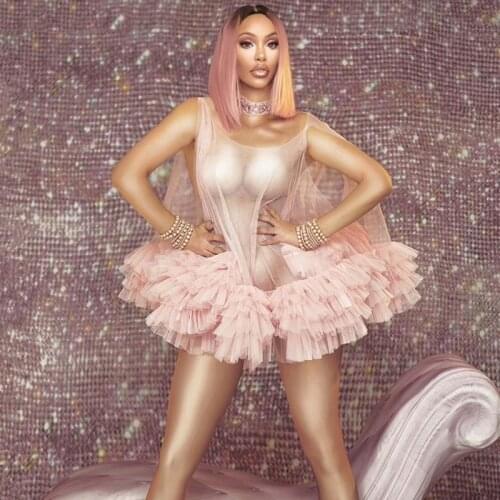 Sexy See-through Pink Mesh Short Dress Nightclub DJ Singer Dancer Stage Mini Dresses Party Show Performance Stage Wear DT1362