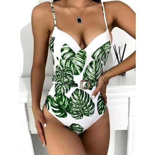 MYTENG Sexy Underwire Push Up One Piece Swimsuit Women Printed Bathing Suit Beachwear High Cut Swimwear V-neck Bodysuit Monokini