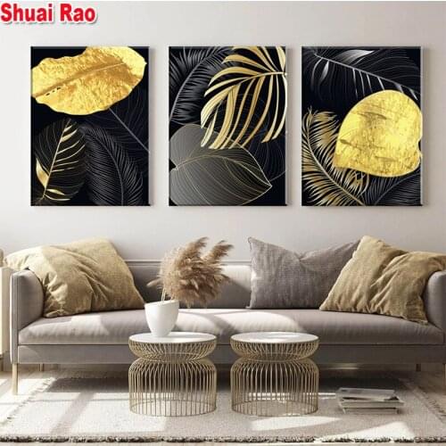 Modern Luxury Abstract Honorable Black Gold Leaf Plant Diamond Painting 3 Piece Home Decor Nordic Picture Living Room Decoratio
