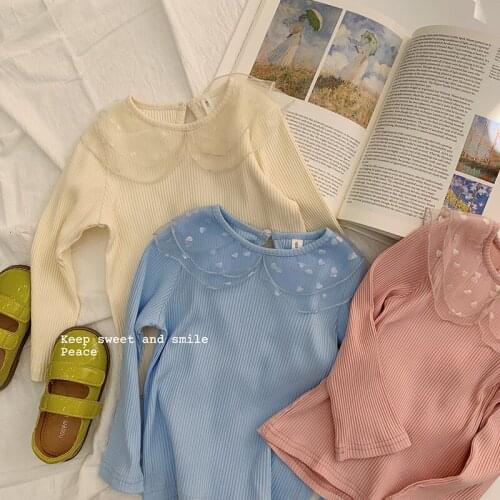 Spring Toddler Girls T Shirts 2021 New Arrival Childrens Korean Striped Long Sleeve Tops Fashion Net Yarn Collar Girls T Shirt