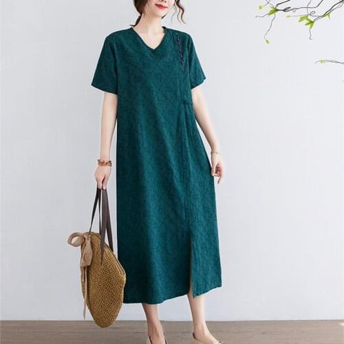 Vintage Chinese Style Dress 2021 New Arrival Short Sleeve Loose Summer Dress Cotton LInen Print Jacquard Women Casual Midi Dress
