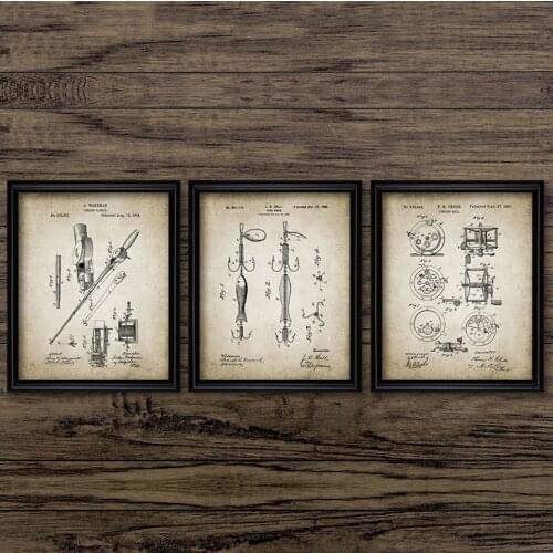 Vintage Fishing Patent Canvas Poster Fishing Tackle Equipment Painting Prints Angling Design Picture Retro Wall Art Decoration