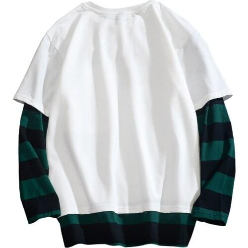 High Quality Autumn Spring Fashion Oversiz Fake Two Pieces Tshirt Mens Long Sleeve Casual O Neck T-Shirt For Man TOP TEES