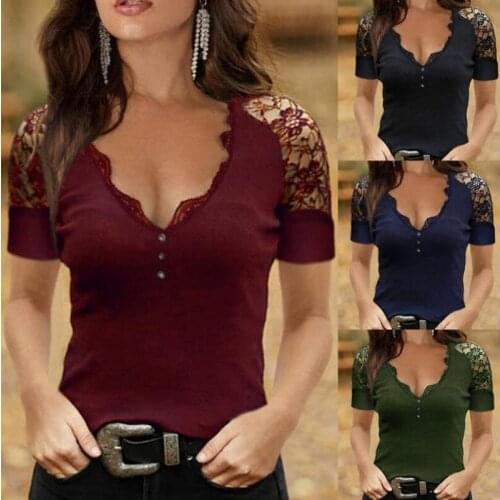 Women Sexy Lace Patchwork Short Sleeve V-Neck Button Skinny T Shirt Casual Slim Tops Camiseta 2021 Summer Blusas Tee