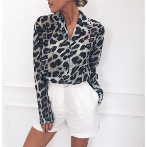 2019 New Arrived Fashion Women Leopard Chiffon Blouse Long Sleeve Printed Office Ladies Top Sexy V-neck Blouses Slim Fit Blusas