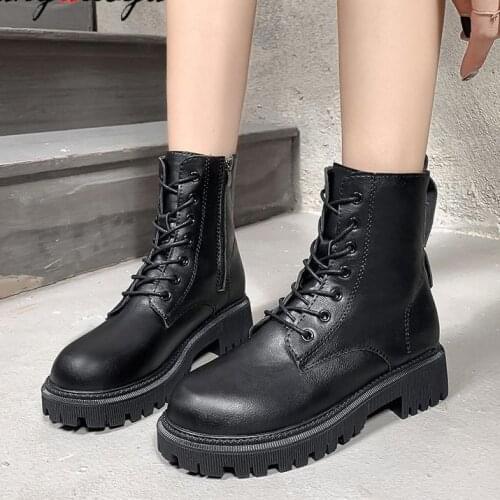 Autumn Winter Fashion Womens Boots Lace Up Calf Round Head Womens ankle Boots Black Mid Heel Square Heel PU Women Shoes