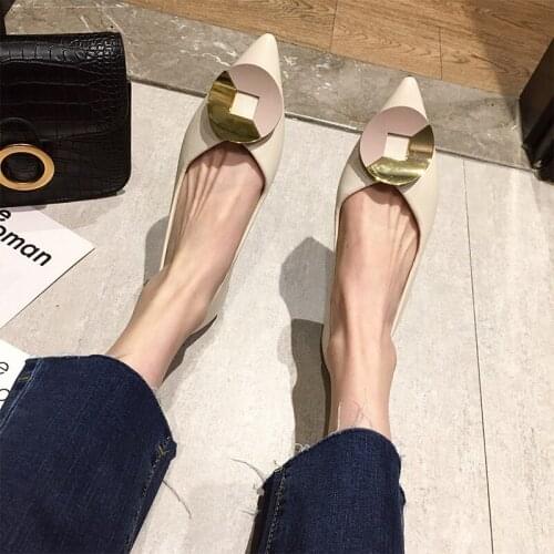 Fall 2020 new single shoes female Korean version pointed metal buckle soft bottom womens shoes shallow mouth wild flat shoes