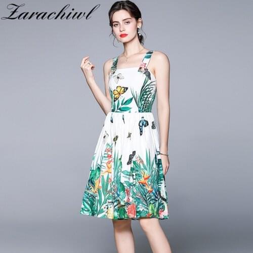 Women Elegant Slash Neck Backless Party Dress 2021 Summer Beach Sleeveless Tank Buttons Butterfly Floral Printed Midi Vestidos
