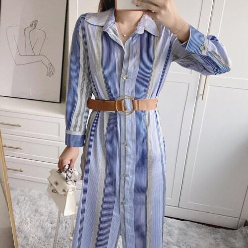 Spring and summer womens striped printed dress, long-sleeved single-breasted professional dress office business dress