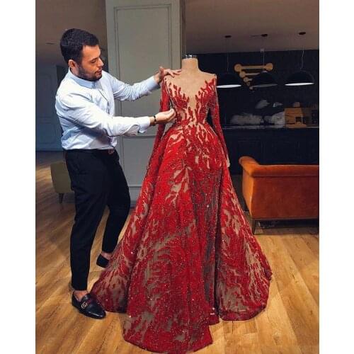 Gorgeous Long Sleeve Red Mermaid Evening Dresses With Detachable Train 2019 Prom Dress Formal Evening Gowns robe de soiree