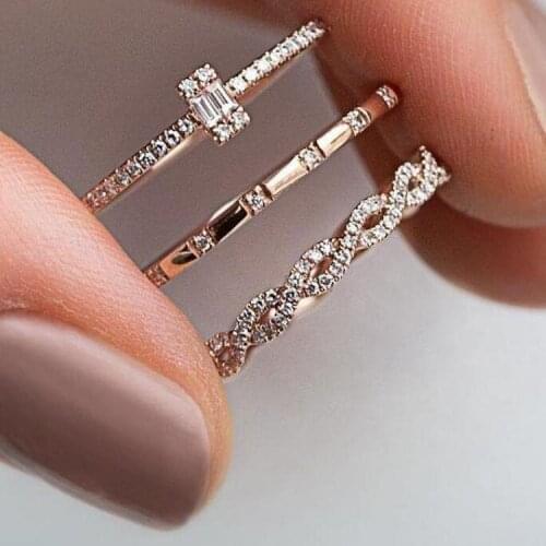 3PCS Charm Crystal Thin Stackable Twisted Women Solitaire Engagement Wedding Rings Plated Rose Gold Jewelry Size