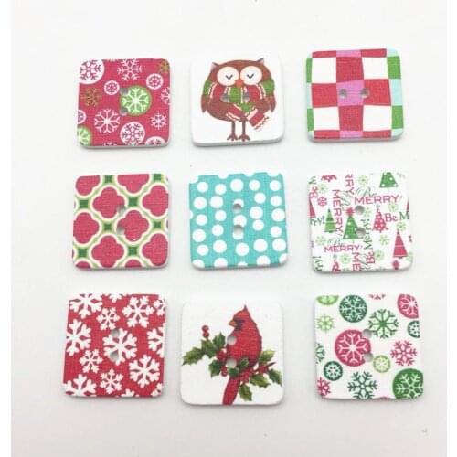 300pcs 25mm Christmas Buttons Square Shaped 2-Hole Snowflake Floral Bird Button Embellishments For Scrapbooking