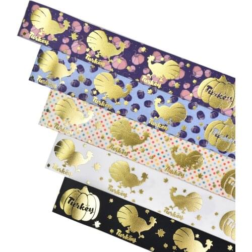 38mm Gold Foil Pumpkin and Turkey Grosgrain Ribbon for 50yards Welcome Custom Printed