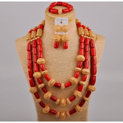 African Weding Beads 24inches Long Necklace Coral Jewelry Set for Bride Dubai Gold Nigerian Bridal Set