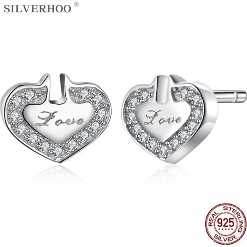SILVERHOO 925 Sterling Silver Earrings Letter Love Women Stud Earring Birthday Gift For Lover High Quality Zircon Fine Jewelry