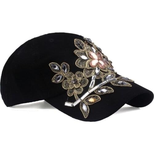 Harajuku Adjustable Floral Cotton Baseball Cap Women Snapback Cap Rhinestone Denim Hat Casual Sun Protection Sunscreen Summer