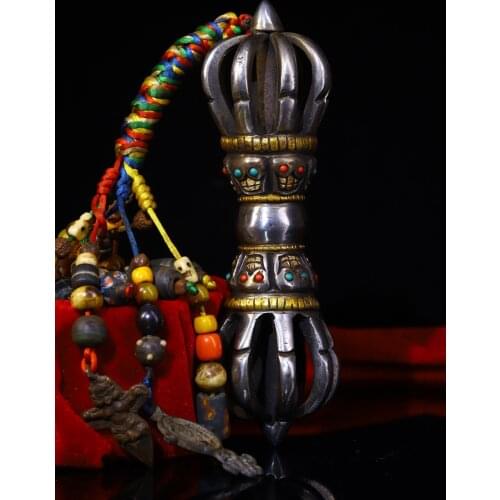 8"Tibet Temple Collection Old Tiantie Tracing mosaic Gem Skull head Dorje Vajra Phurpa Pendant Town House Exorcism