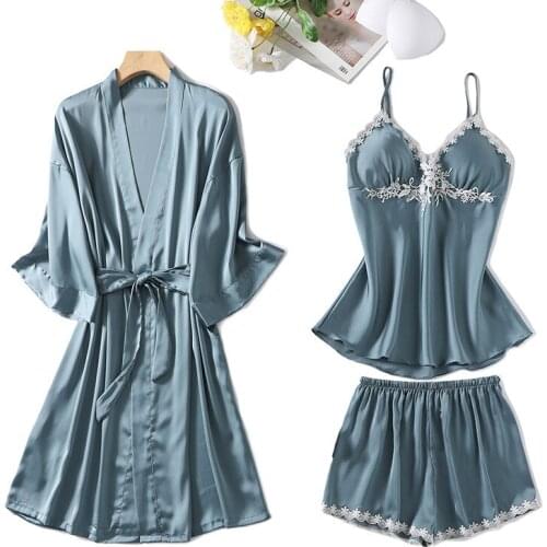 Sweet Lace Trim 3PCS Satin Sleep Suit Lady Spring Summer Lounge Homewear Sexy V-Neck Strap Nightwear Bathrobe With Bra Sleepwear