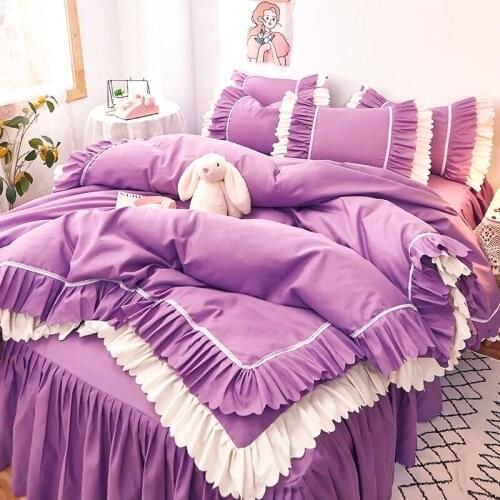 Purple Lace Princess Room Bed SetS 4Pcs Luxury Queen Size Bed Sheets Children Quilt Soft Comforter Cotton Bedding Sets For Girl