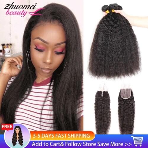Kinky Straight Bundles With Closure Human Hair Bundles With Closure Yaki Straight Bundles With Closure 3/4 Bundles With Closures