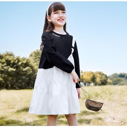 Fashion Patchwork Style Dress For Girls Autumn Spring Long Sleeve Mid Length Princess Gowns Children Casual Dresses 5- 14 Years