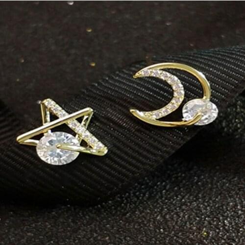 Fashion Bling Iced Out Shiny Rhinestone Crystal Earrings Minimalist Crescent Moon Star Stud Earrings for Women Girls