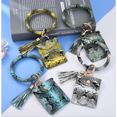 Fashion PU Leather Case Key Chain Punk Wrist Ring Serpentine Bracelet Keychain Tassel Wallet Bag Keyring Jewelry
