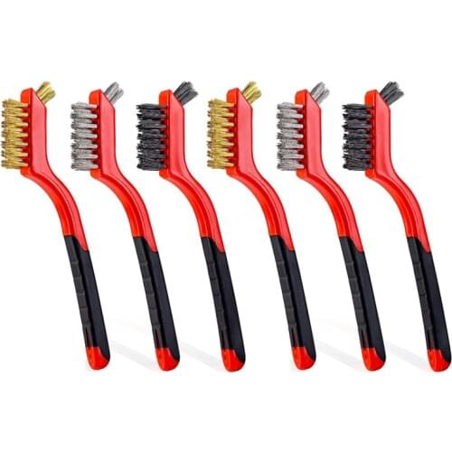 6 PCS Wire Brush Set-Brass/Nylon/Stainless Steel Bristles Cleaning Brush with Soft Comfortable Handle for Rust, Dirt