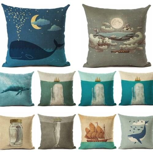 Nordic Style Cotton Linen Cushion Cover Ocean Whales Home Pillow Case 45x45cm Pillows Covers Home Decor