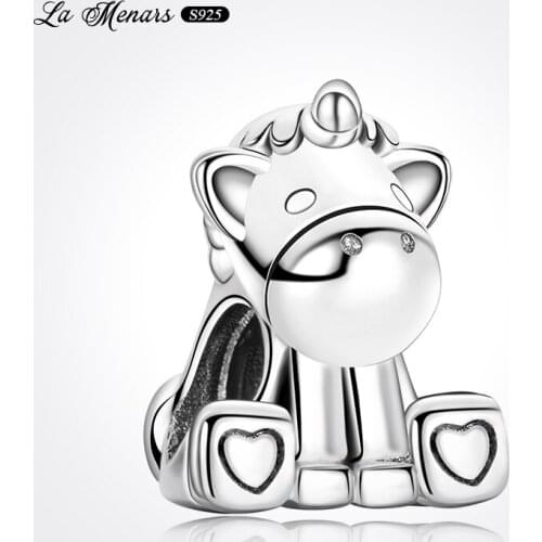 La Menars New Bruno Unicorn Bead Fit Original Pandora Charm Bracelet Genuine 925 Sterling Silver For Women Jewelry DIY Making