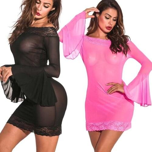 NewEuropean and American sexy lingerie oneshoulder long-sleeved bag hip mesh transparent pajamas sexy lingerie exotic nightdress