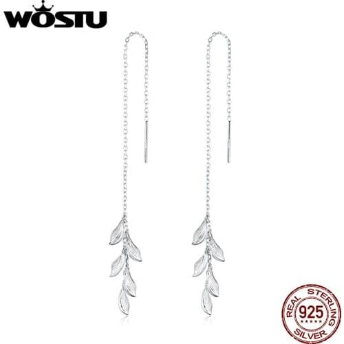 WOSTU Earrings 925 Sterling Silver Leaves Drop Long Earrings for Women Long Ear Line Fashion Jewelry Brincos Gift BKE987