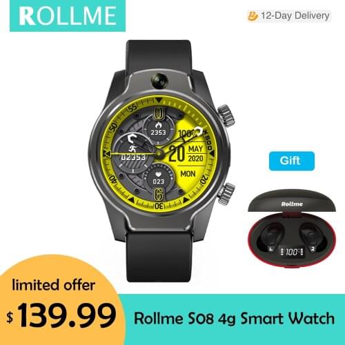 NEW Rollme S08 4G Smart Watch Phone IP68 50M Waterproof Dual 8.0MP Camera 4G LTE GPS Glonass + gift T05 Wireless Earbuds for Men