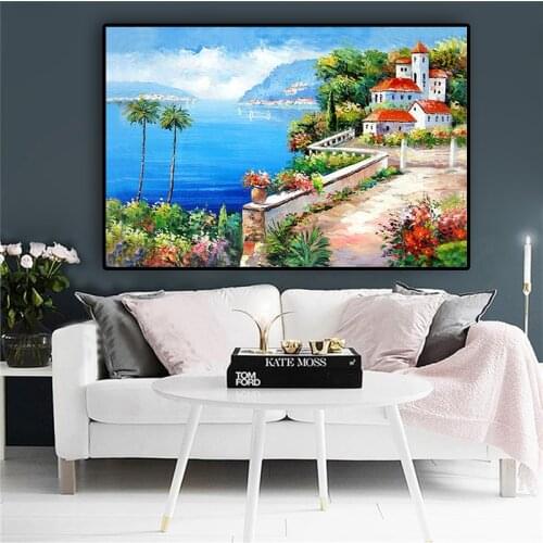 Mediterranean Sea Garden Tower Green Plant Landscape Oil Painting on Canvas Art Posters and Prints Wall Picture for Living Room