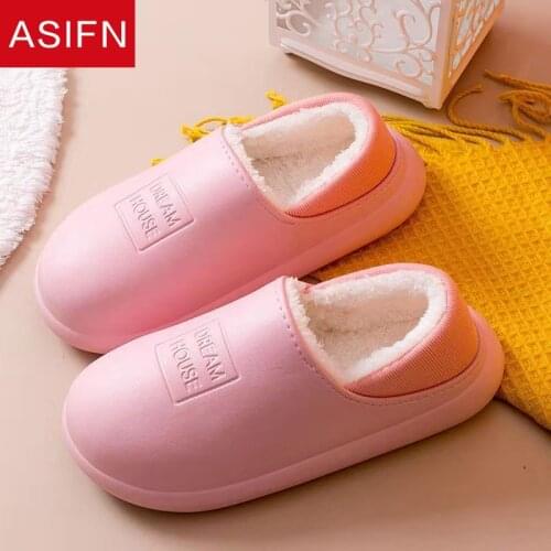 ASIFN Home Cotton Shoes Women Slippers Thick-soled Warm Household House Waterproof Plush Bedroom Non-slip Ladies Fur Pantoufle
