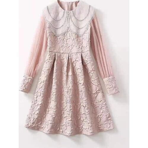 European and American womens clothing new 2021 spring Long sleeved baby collar Fashionable jacquard pink dress