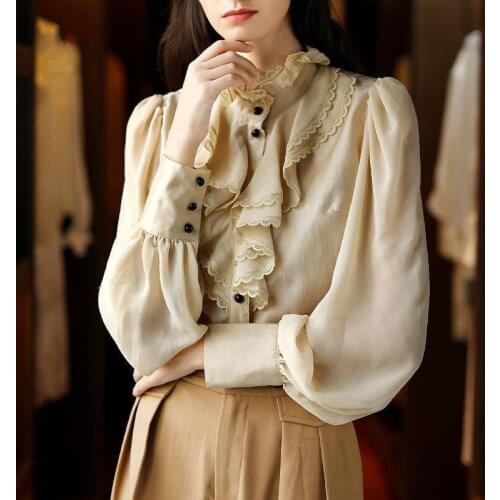 Spring Autumn Ladies Retro Court Style High-End shirt Runway Women 2021 New Single-Breasted Top Lace Ruffles Puff Sleeve Blouses