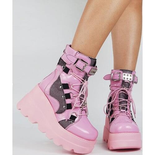 Female Boots туфли женские 2021 Wedges Round Toe Zip High Heel Ankle Booties With Buckle Platform Women Shoes Large Size 43