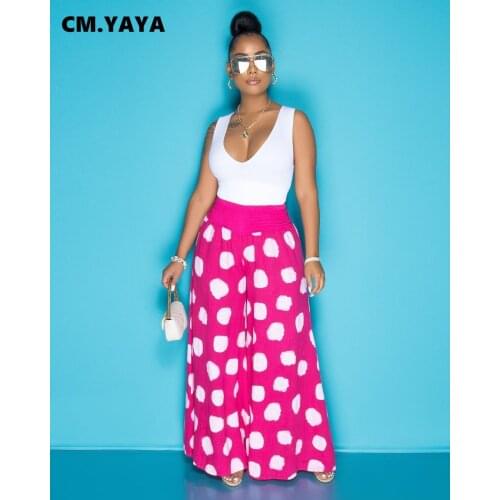 CM.YAYA Women Pants Print Elastic Waist Loose Straight Wide Leg Long Pants Fashion Casual High Streetwear Summer Trousers 2021