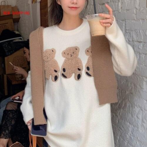 Cute Harajuku Tops Women Kawaii Embroidered Bear Cartoon Pattern Sweaters Round Neck Long Sleeve Sweater Pullovers Autumn 2021