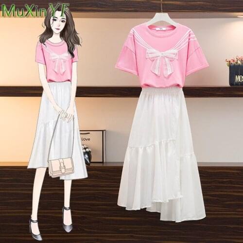 Summer Dress Suit 2021 New Short-Sleeved T-Shirt Skirt Two-piece Womens Slim Plus Size Irregular Stitching Bow-Knot Skirts Set