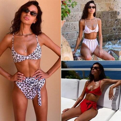 2020 new style European and American sexy solid color ladies split bikini high waist leopard swimsuit striped swimsuit strap ste