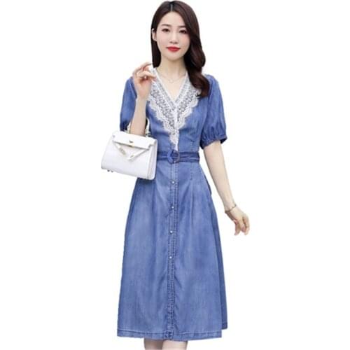 Female Tencel Cowboy Midi Shirt Denim Dress 2021Summer Womens New Lace Trim V-neck Ladies Fashion Dress Short Sleeve Vestidos