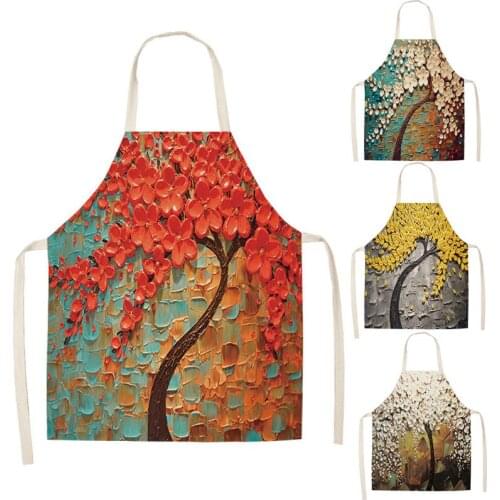 1 Pcs Tree Flower Printed Cotton Linen Sleeveless Aprons Home Cleaning Kitchen Cooking Baking Apron For Women Men WQ173