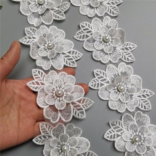 1 yard White Pearl Flower Embroidered Lace Edge Trim Ribbon Fabric Patchwork Wedding Dress DIY Sewing Supplies Craft 8cm Width