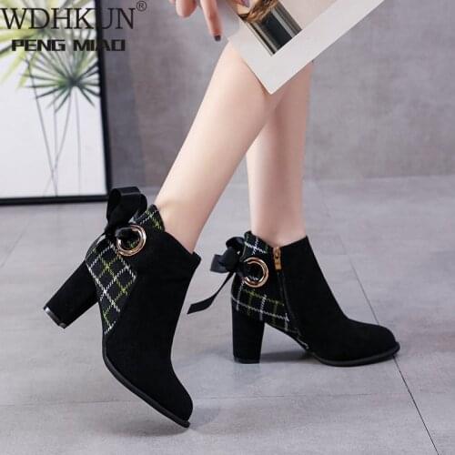 2020 Autumn Winter New Women Plus Size Plus Velvet Tie-Up Boots Women Fashion Thick Heel High Heel Short Boots Women
