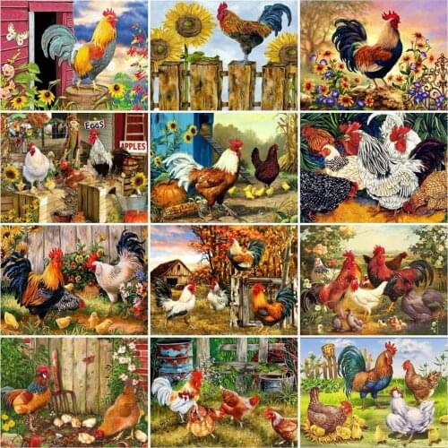 HUACAN Diamond Painting Full Drill Cock Animal Picture Of Rhinestones Diamond Mosaic Village Diamond Art