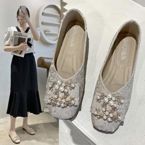 Big Size Women Ballet Flats Jacquard Fabric Slip on Flat Shoes Pearls Square Toe Boat Shoe Crystal Loafers Zapatos Mujer 9290L