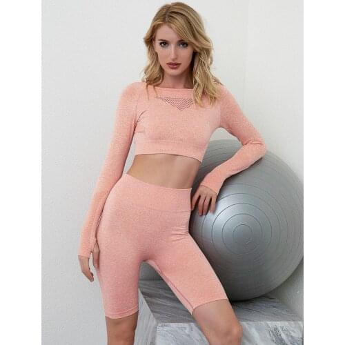 Seamless Womens Yoga Suit Long Sleeve Top High Waist Sports Leggings Shorts 2 Pieces Sets Gym Fitness Clothes Sportswear 2020